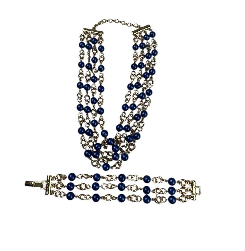 Vintage Monet Blue Beaded Gold Tone Multi Strand Necklace Bracelet Set